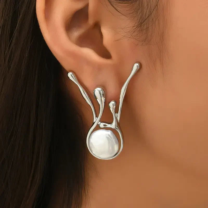 Aretes de Perla Plata Irregular Antiguos | Oro Blanco