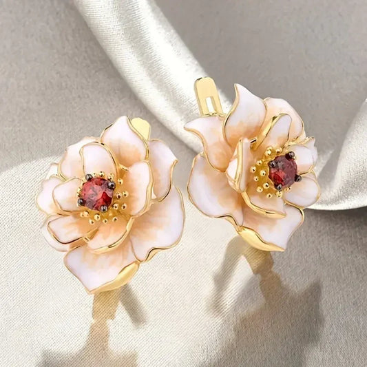 Aretes de Zirconia Roja Flor Blanca | Oro